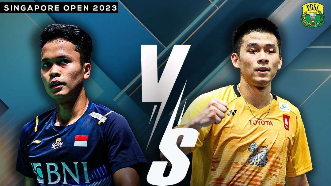 Anthony Ginting (kiri) melaju ke final Singapore Open 2023, setelah Kunlavut Vitidsarn mundur karena cedera di gim ketiga. (Foto: Twitter @INbadminton)