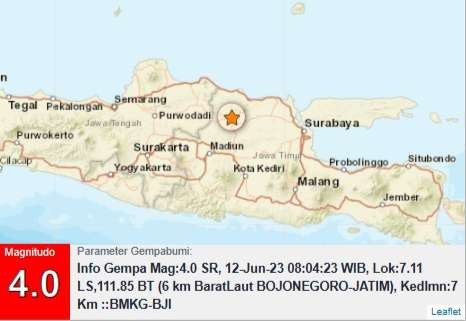 Peta titik gempa bumi di wilayah Bojonegoro Jawa Timur (Foto: Info BMKG Juanda)