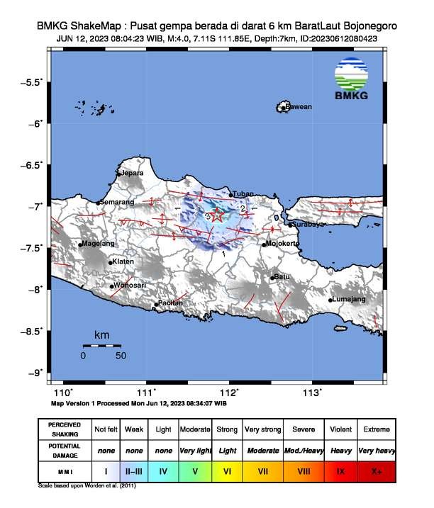 Bojonegoeo gempabumi 4 magnitudo. (data: BMKG)