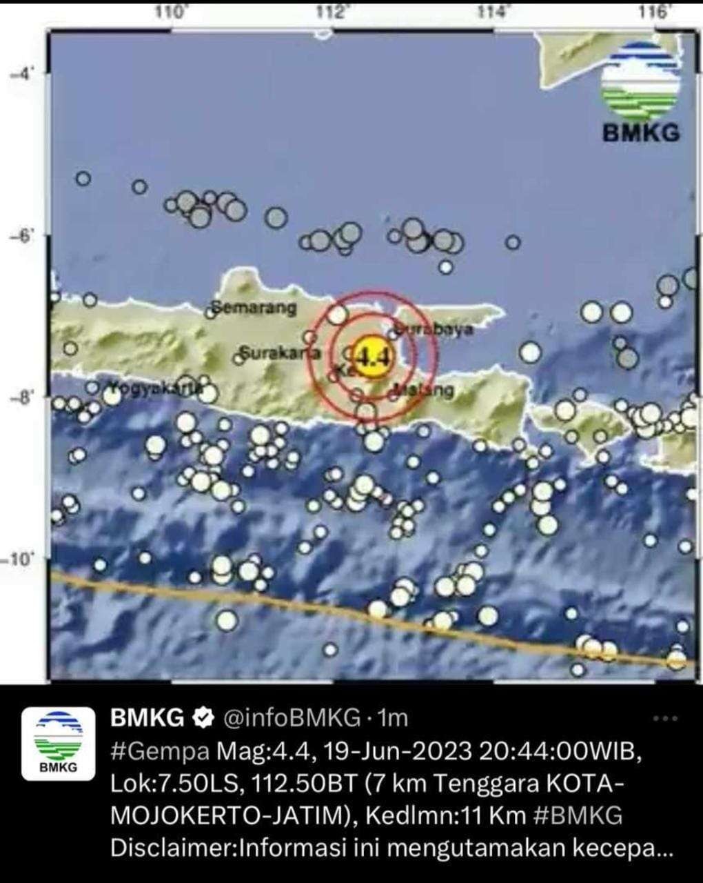 Gempa bumi di Mojokerto. Sumber BMKG)