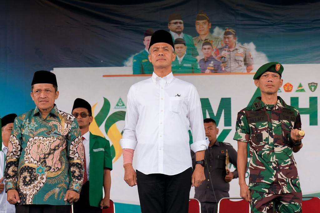 Gubernur Jawa Tengah, Ganjar Pranowo di Kemah Bhakti PC GP Ansor Kabupaten Wonosobo di Lapangan Kalianget, Kabupaten Wonosobo, Sabtu 15 Juli 2023. (Humas Pemprov Jateng)