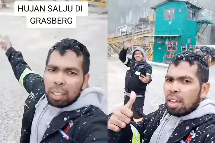 Pekerja PT Freeport menunjukkan hujan salju di puncak Grasberg, Papua. (Foto: TikTok)