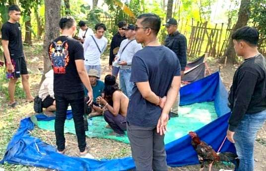 Anggota Satreskrim dan Satsamapta Polres Situbondo saat menggerebek arena judi sabung ayang di Kecamatan Kendit.(Foto:Humas Polres Situbondo)