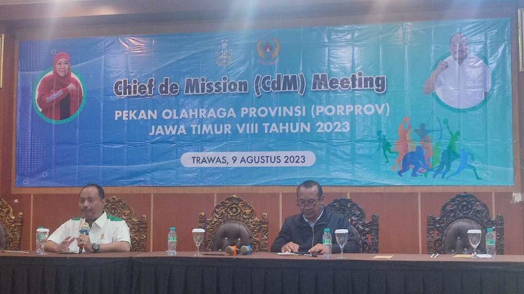 KONI Jatim dan Panitia Porprov Chefs de Mission (CdM) Meeting (pertemuan ketua rombongan) di Hotel Arayanna, Trawas, Kabupaten Mojokerto, Rabu 9 Agustus 2023. (Foto: Bidang Media dan Humas KONI)