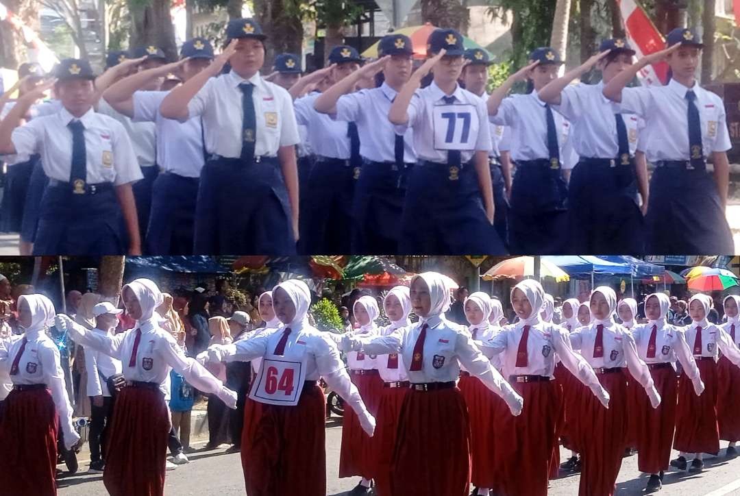 Pelajar SD dan SMP di Bondowoso semangat meramaikan lomba gerak jalan menyambjt HUT ke-78 RI. (Foto:Guido Saphan/Ngopibareng.id)