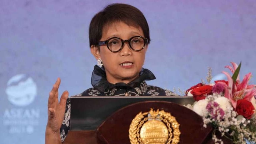 Menteri Luar Negeri Retno Marsudi mengangkat isu tindak pidana perdagangan orang (TPPO) saat berpidato di acara The Bali Process Government and Business Forum (GABF), Kamiis 10 Agustus 2023. (Foto: dok/ngopibareng.id)