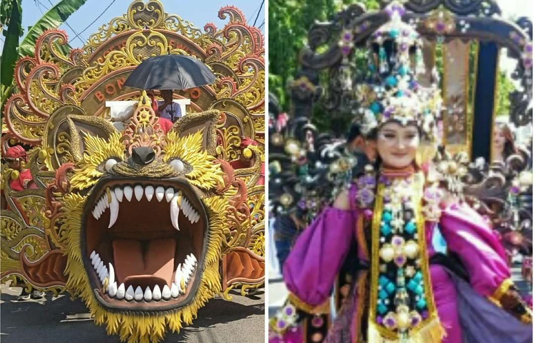 Kreasi busana nusantara meramaikan karnaval budaya di Bondowoso (kiri) dan Situbondo (kanan) menyambut HUT ke-78 RI Tahun 2023. (Foto: Guido Saphan/Ngopibareng.id)