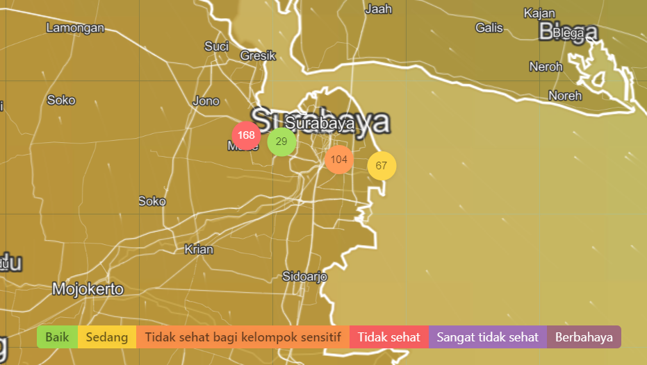 Laman IQ Air menyebut kualitas udara di Kota Surabaya, tidak sehat pada Kamis 24 Agustus 2023, hari ini. Wilayah Benowo disebut paling buruk. (Foto: Tangkapan layar IQ Air)