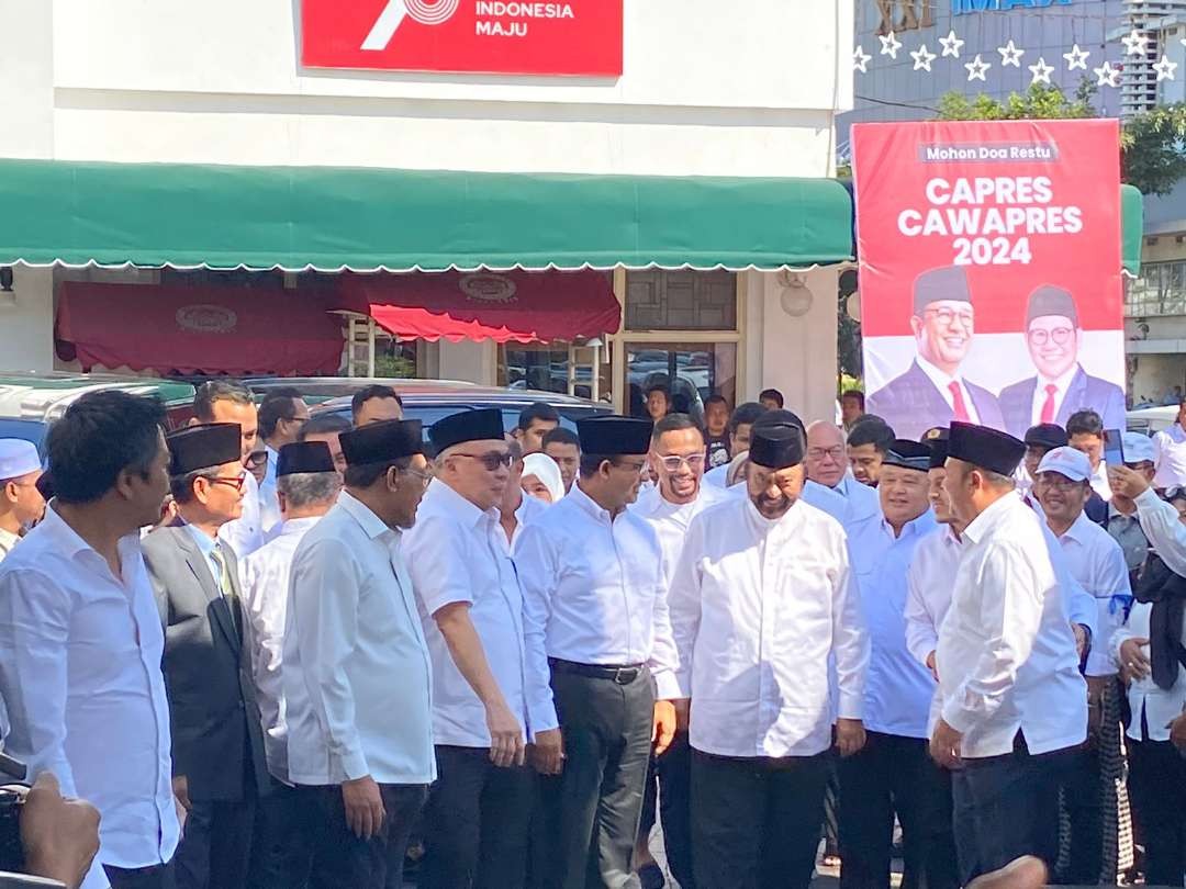 Deklarasi Anies Baswedan- Muhaimin Iskandar yang dihadiri Ketua Umum Nasdem Surya Paloh bersama petinggi partai di PKB dan Nasdem di Hotel Majapahit, Surabaya, Sabtu 2 September 2023. (Foto: Pita Sari/Ngopibareng.id