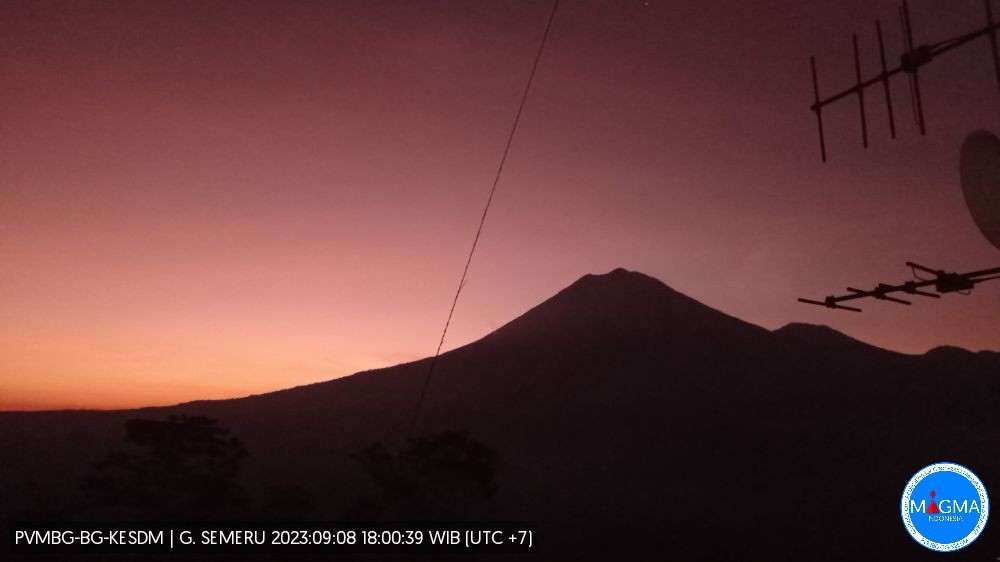 Asap kawah utama Gunung Semeru terlihat merona dan putih dengan ketinggian antara 50 hingga 100 meter, pada Jumat 8 September 2023. (Foto: magma.esdm)