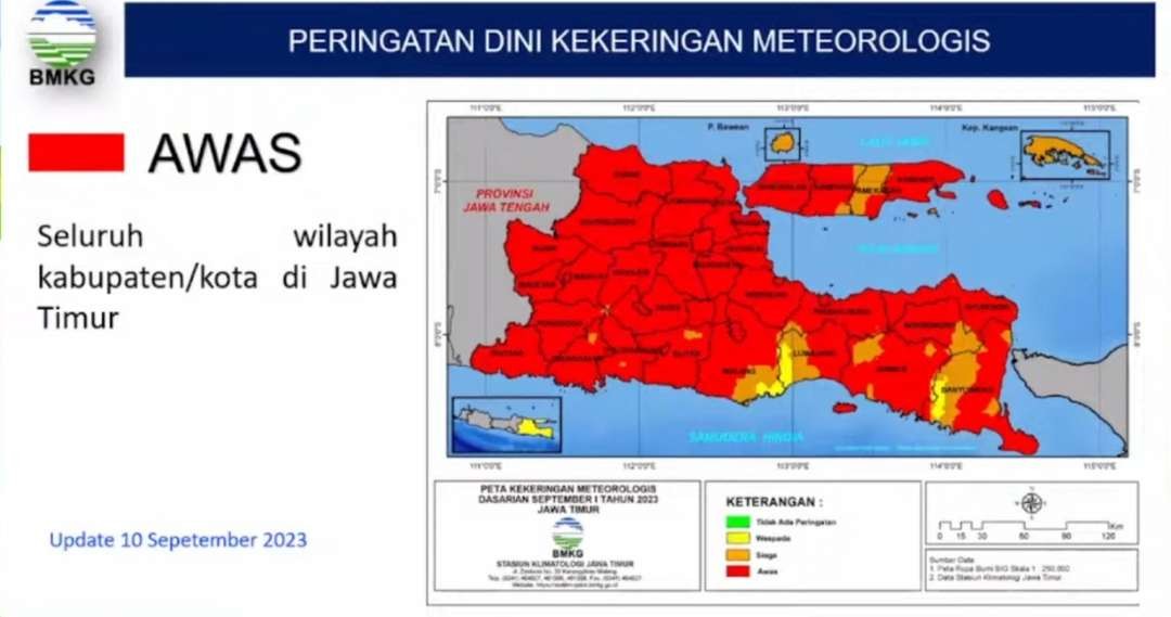 Peta wilayah berstatus awas dampak kekeringan esktrem di Jatim. (Foto: BMKG Jatim)