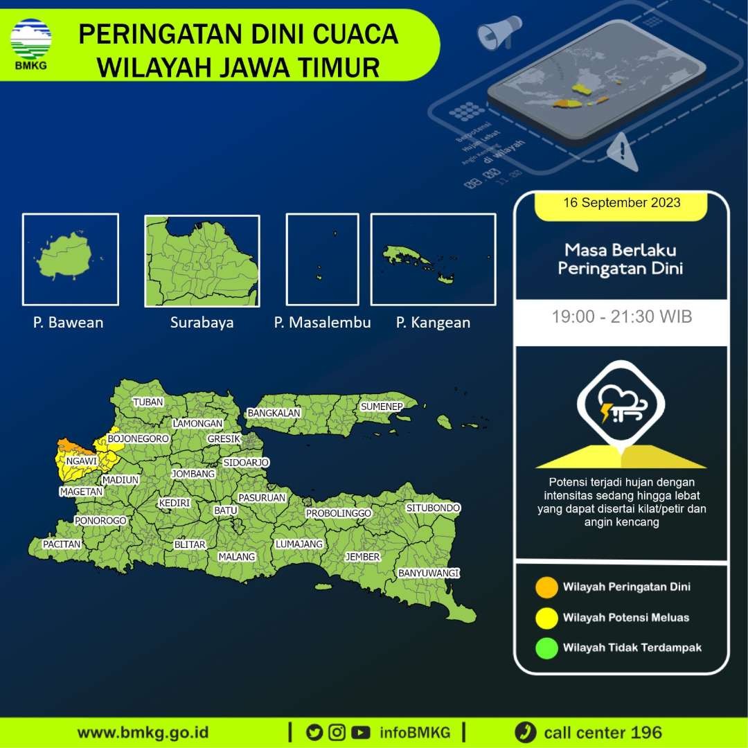 Data potensi hujan di Bojonegoro dan Ngawi pada Sabtu 16 September 2023. (Sumber/dokumentasi bmkg Juanda)