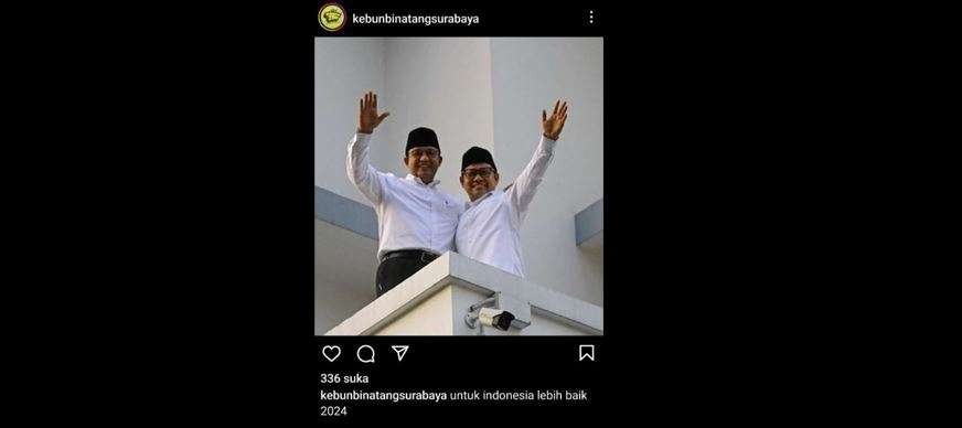 Foto postingan Anies-Muhaimin yang dipasang di akun Instagram KBS Surabaya karena peretasan. (Foto: Tangkapan Layar Instagram KBS)