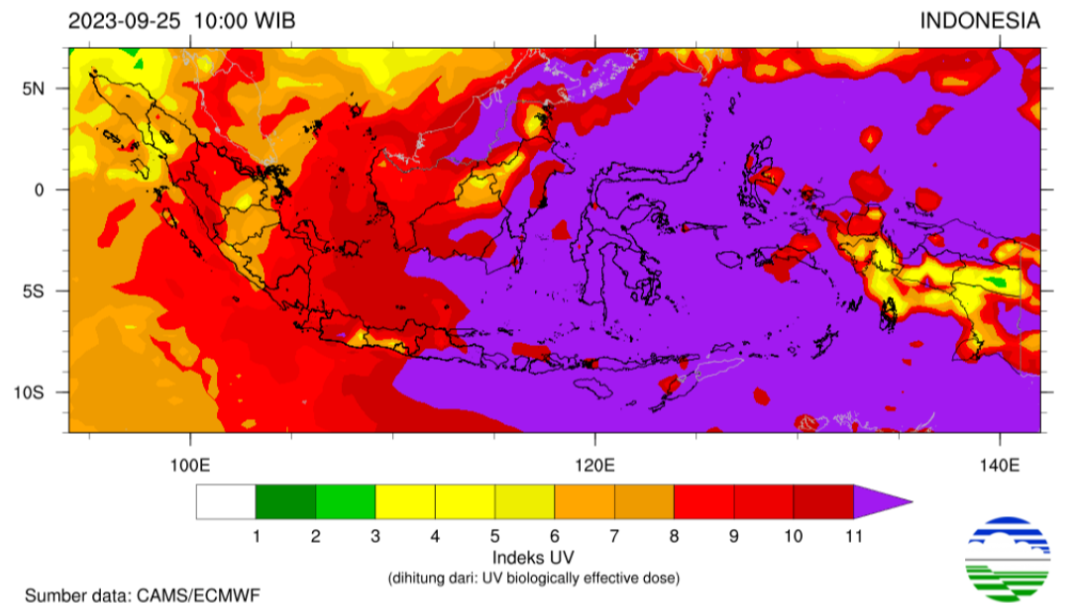 Paparan indeks Ultraviolet sinar Matahari disebut dalam risiko ekstrem atau sangat berbahaya sejak pukul 10.00 WIB, Minggu, 24 September, hari ini. (Foto: Tangkapan layar BMKG)