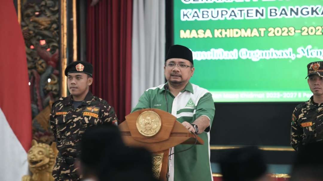 Ketua Umum Pimpinan Pusat Gerakan Pemuda Ansor (Ketum PP GP Ansor) H Yaqut Cholil Qoumas (Gus Yaqut) dalam Pelantikan Pimpinan Cabang Gerakan Pemuda Ansor (PC GP Ansor) Kabupaten Bangkalan, Minggu 15 Oktober 2023. (Foto: Arif Afandi/ngopibareng.id)