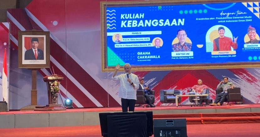 Bakal Calon Presiden, Ganjar Pranowo saat memberikan kuliah kebangsaan di Universitas Negeri Malang (Foto: Lalu Theo/Ngopibareng.id)