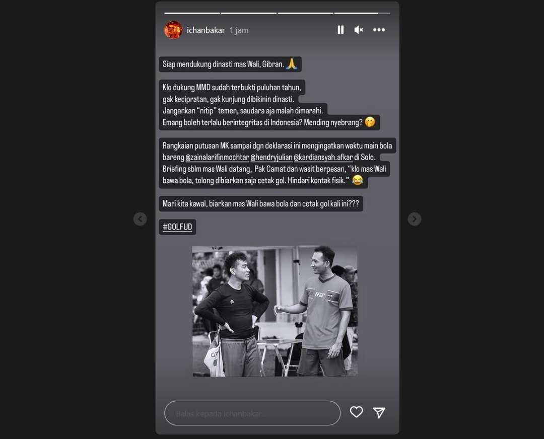 Instagram Achmad Royhan alias ichan, yang menceritakan saat main bola bersama Gibran Rakabuming Raka.