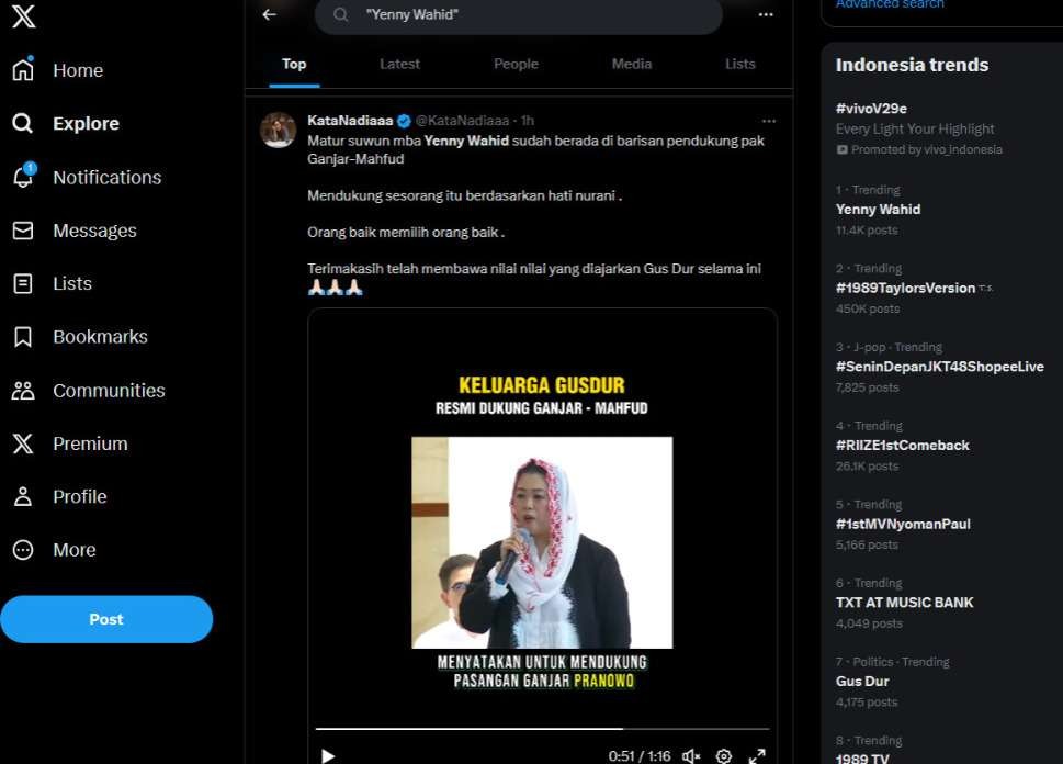 Yenny Wahid, Putri Gus Dur trending di twitter X, setelah resmi mendeklarasikan dukungan kepada Ganjar Pranowo-Mahfud MD. (Foto: Twitter)