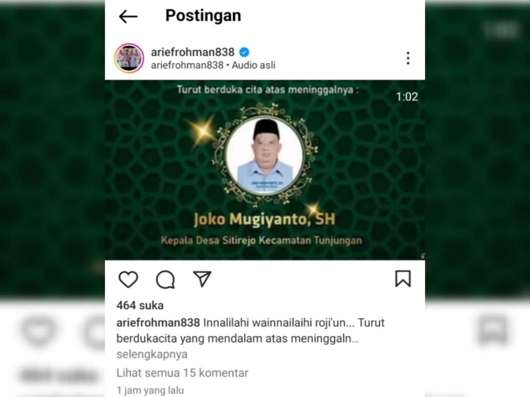 Kepala Desa Sitirejo Kecamatan Tunjungan, Joko Mugiyanto, meninggal dunia. (Foto: Istimewa)