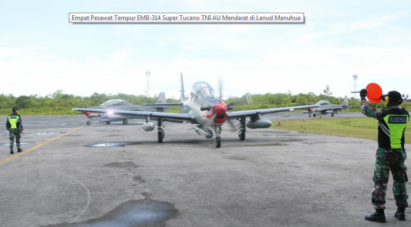 Empat pesawat tempur EMB-314 Super Tucano dari Skadron Udara 21 Lanud Abdurrahman Saleh (Abd) mendarat dengan sempurna di Lanud Manuhua Biak, Rabu 15 Maret 2023. (Foto: tni.au)