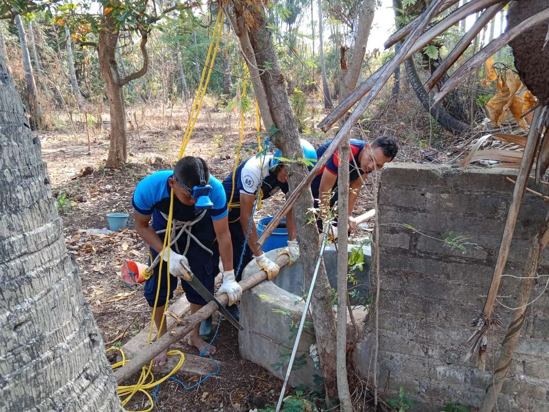 Petugas pemadam kebakaran sedang mengevakuasi ular di dalam sumur. (Foto: Istimewa)