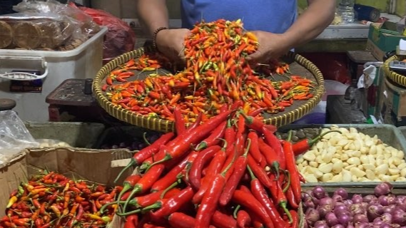 Dagangan cabai di Kota Malang, harga tembus Rp100 per kilogram. (Foto: Lalu Theo/Ngopibareng.id)