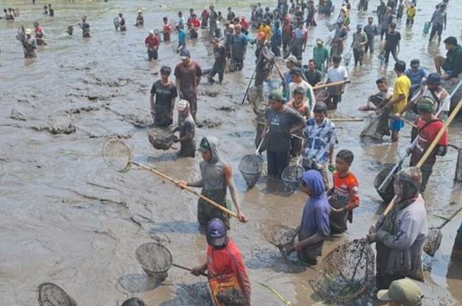 Warga ramai-ramai berburu ikan pada tradisi Asatan Bendungan Sampean Baru Bondowoso selama satu minggu, pada 14-20 Desember 2023. (Foto: Guido Saphan/Ngopibareng.id)