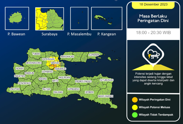 Stasiun Klimatologi, BMKG Juanda mengeluarkan peringatan dini, berupa hujan lebat dan cuaca ekstrem, di Surabaya dan Sidoarjo. (Foto: Twitter BMKG Juanda)