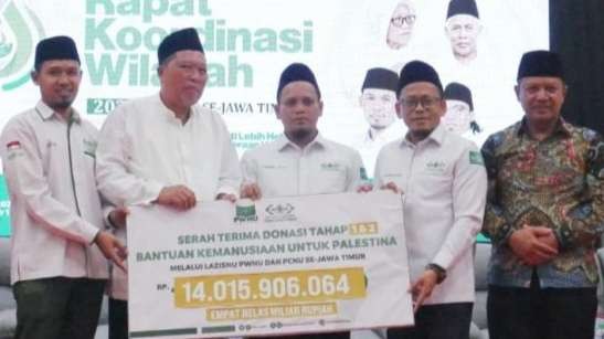 Telah diserahkan secara simbolis total dana donasi sebesar Rp14.015.906.064 oleh Ketua LAZISNU PWNU,  Afif Amrullah kepada KH Misbahus Salam selaku wakil dari LAZISNU PBNU untuk disalurkan ke Gaza dan wilayah Palestina lainnya. (Foto:LAZISNU)