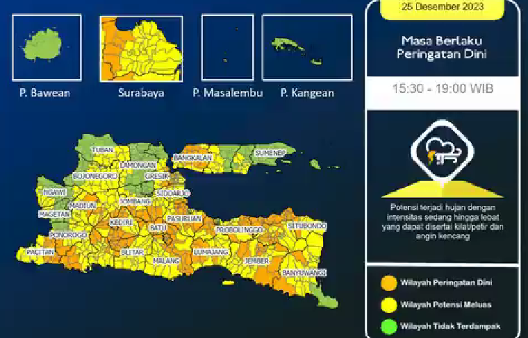 BMKG Stasiun Meteorologi Juanda, mengeluarkan peringatan dini cuaca ekstrem di puluhan wilayah provinsi Jawa Timur Senin 25 Desember 2023, hari ini. (Foto: Twitter @BMKG Juanda) )