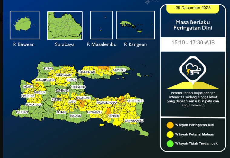 Badan Meteorologi, Klimatologi dan Geofisika Stasiun Klimatologi Juanda mengeluarkan peringatan dini berupa cuaca ekstrem pada Jumat 29 Desember 2003. (Foto: Twitter BMKG Juanda)