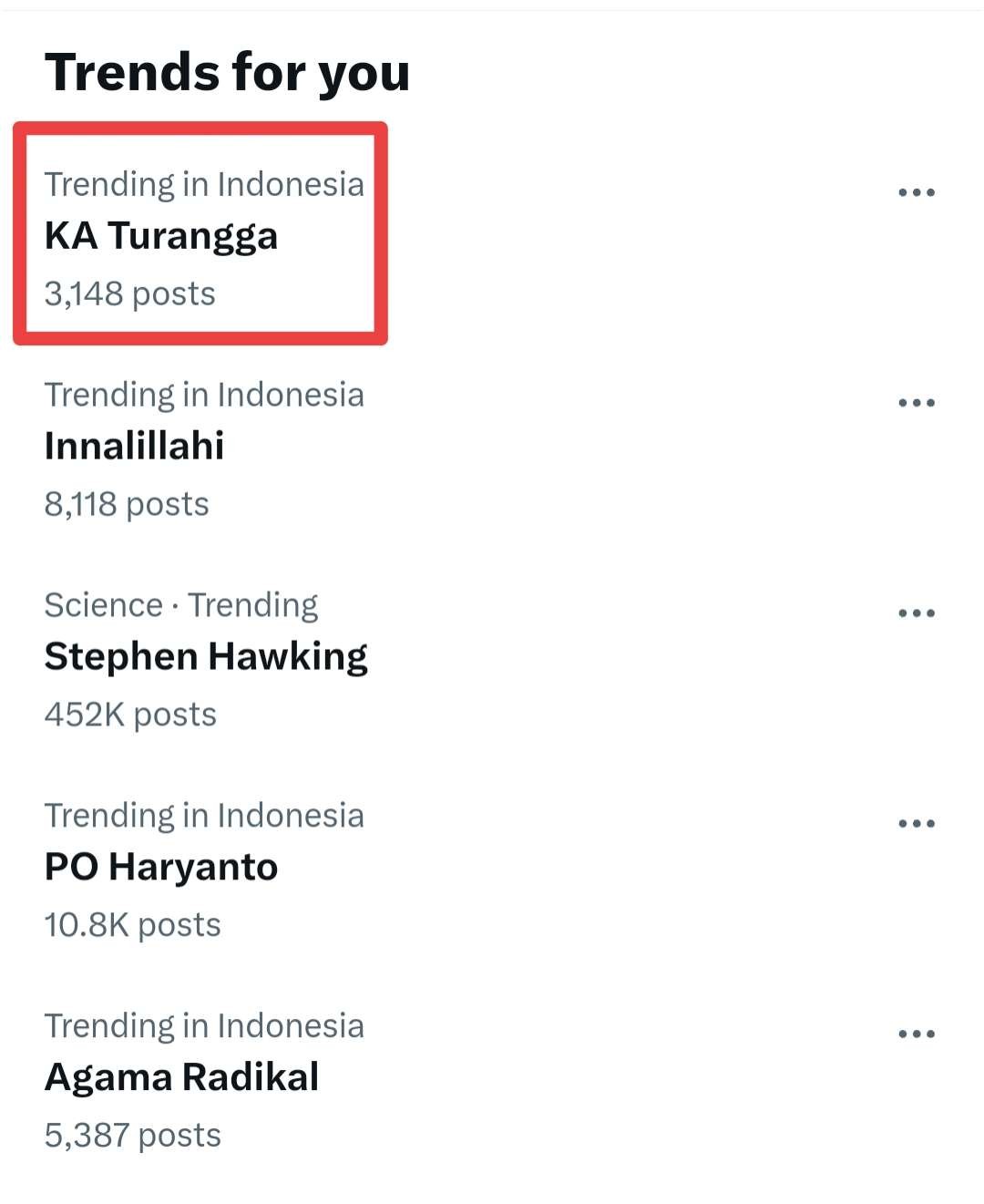 KA Turangga trending topik X, Jumat 5 Januari 2023 pagi. (Foto: X)