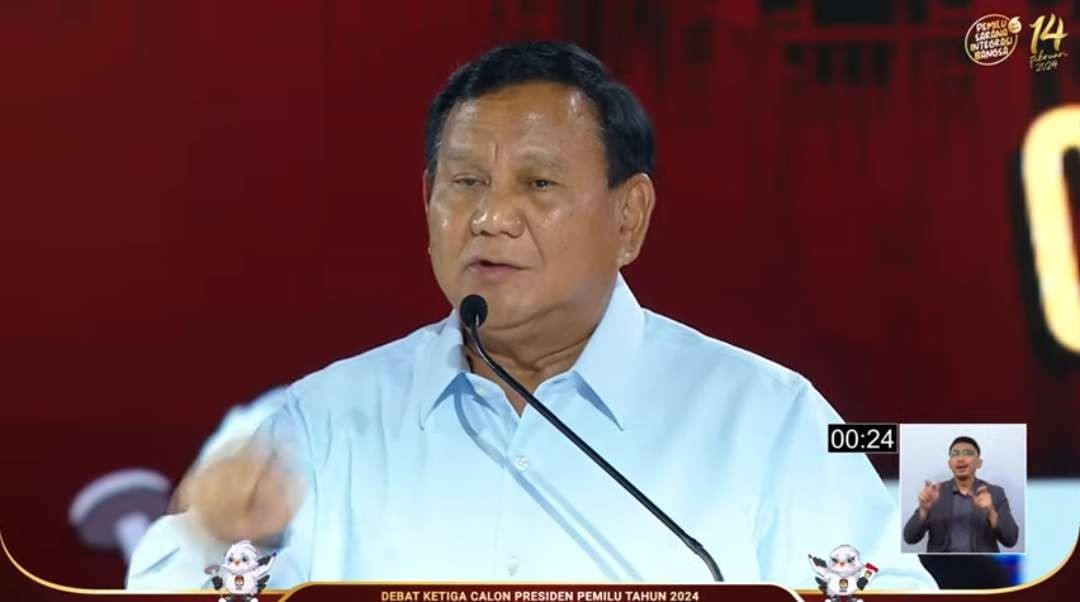 Capres Prabowo Subianto sebut omon omon omon di debat, Minggu 7 Januari 2024. (Foto: YouTube KPU)