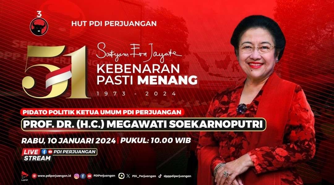 PDIP HUT ke-51 mengusung tema Kebenaran Pasti Menang. (Foto: Instagram @pdiperjuangan)