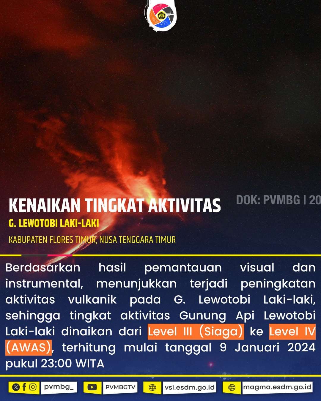 Kenaikan tingkat aktivitas Gunung Lewotobi Laki-laki, Selasa 9 Januari 2024 pukul 23.00 WITA. (Foto: PVMBG)