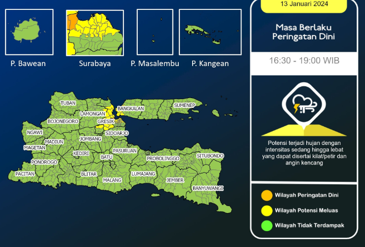 BMKG Stasiun meteorologi Juanda mengeluarkan peringatan dini cuaca ekstrem untuk sejumlah kecamatan di wilayah Surabaya, hingga pukul 19.00 WIB, hari ini. (Foto: Twitter @BMKG Juanda)