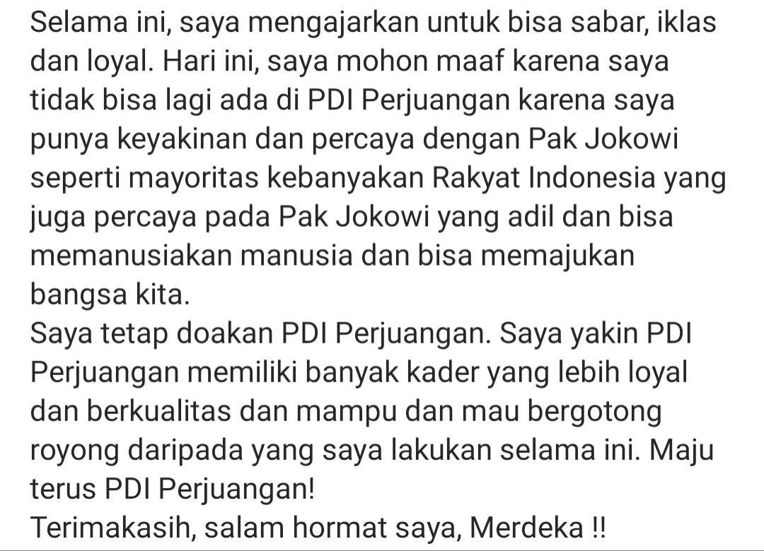 Curhatan Maruar Sirait keluar dari PDIP gabung Presiden Jokowi. (Foto: Instagram @maruarsirait)