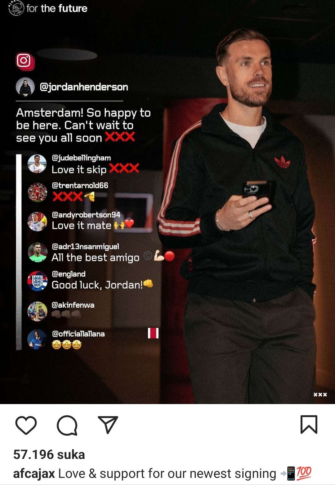 Dukungan untuk kedatangan Jordan Henderson. (Foto: Instagram @afcajax)