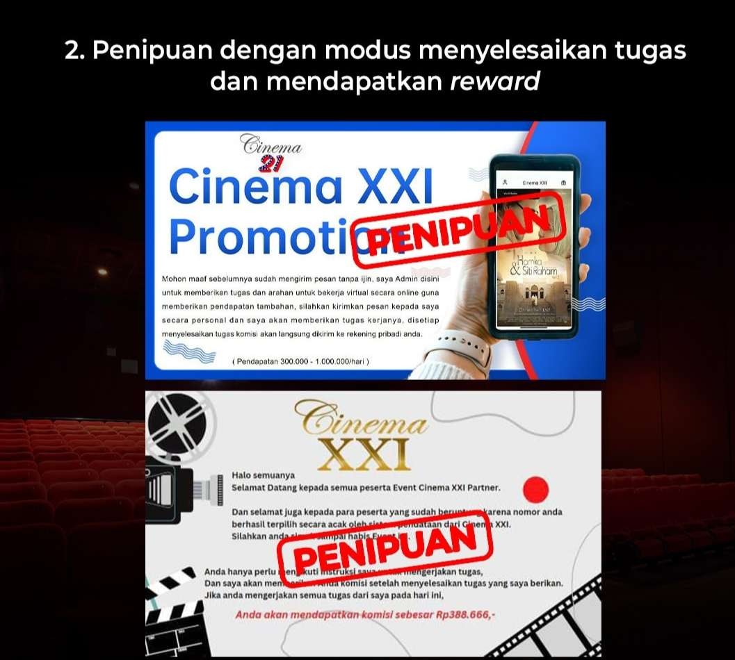 Modus penipuan pemberian rewards. (Foto: Instagram @cinema.21)
