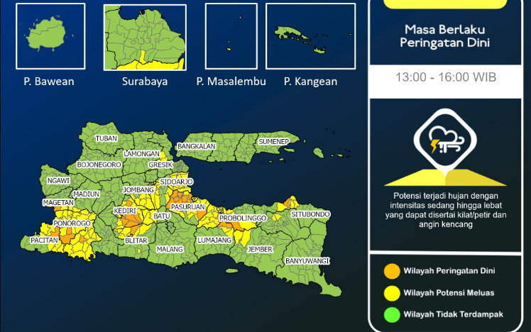 Badan Meteorologi, Klimatologi dan Geofisika (BMKG) Stasiun Meteorologi Juanda merilis peringatan dini cuaca ekstrem per 3 jaman, Minggu 21 Januari, hari ini. (Foto: Twitter @BMKGJuanda)