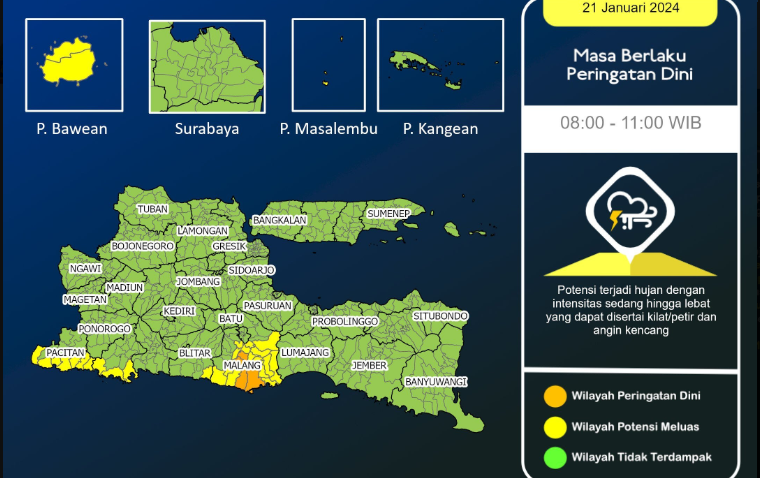 BMKG Stasiun Meteorologi Juanda, mengeluarkan peringatan dini cuaca ekstrem untuk sebagian wilayah Kabupaten Malang, Minggu, pagi hari ini. (Foto: Twitter @BMKGJuanda)