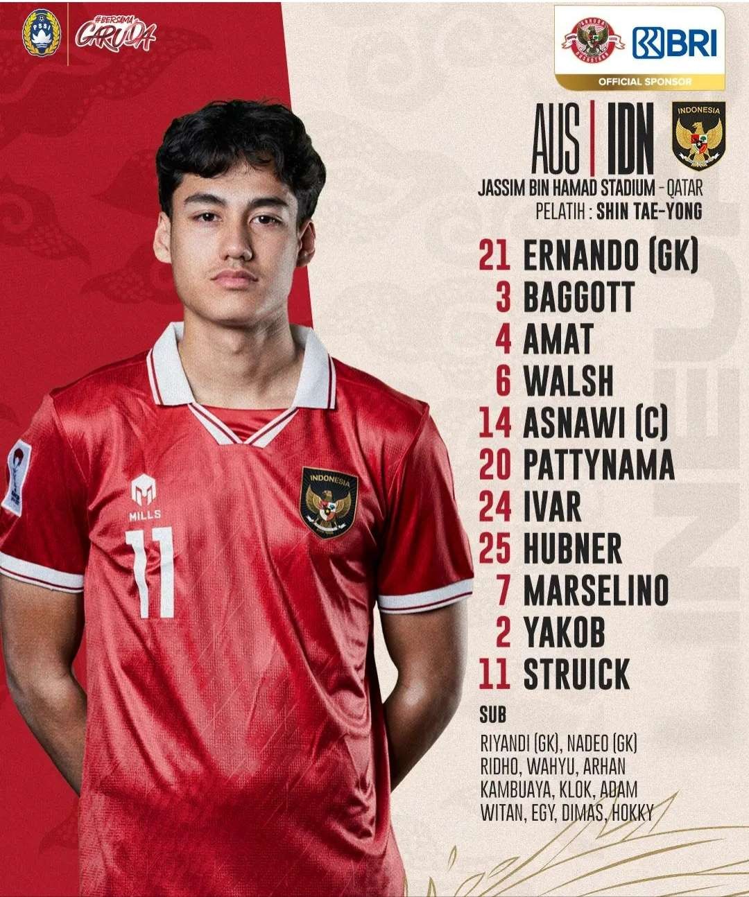 Line up Timnas Indonesia vs Australia Babak 16 Piala Asia. (Foto: Instagram @timnas.indonesia)