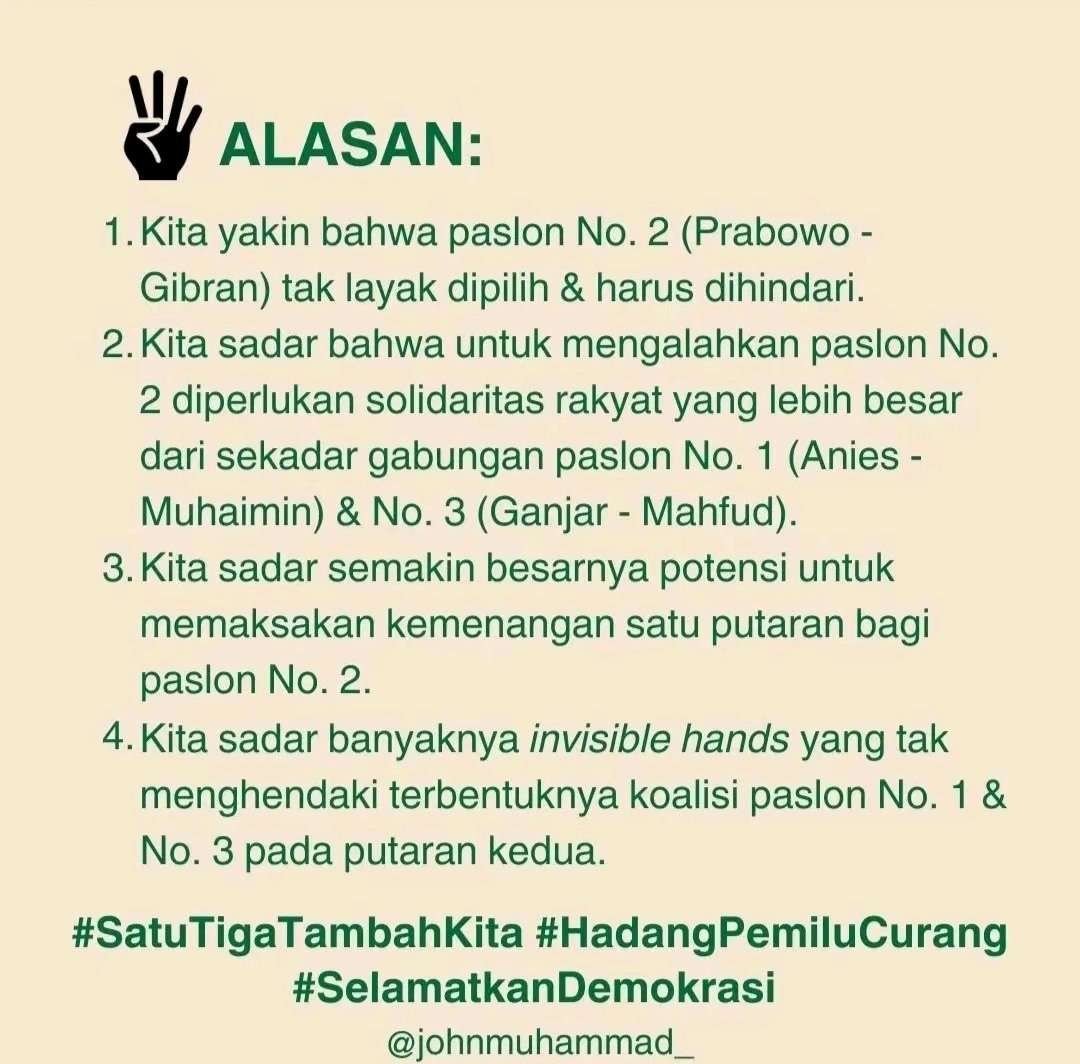 Alasan kampanye Salam 4 Jari. (Foto: X @johnmuhammad)