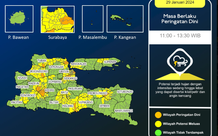 Badan Meteorologi, Klimatologi, dan Geofisika (BMKG) Stasiun Meteorologi Juanda mengeluarkan peringatan dini cuaca ekstrem untuk Surabaya. (Foto: Twitter @BMKG Juanda)