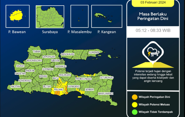 Peringatan dini cuaca ekstrem Malang Raya Sabtu, 3 Februari 2024 hingga pukul 08.33 WIB. (Foto: Twitter @BMKGJuanda)