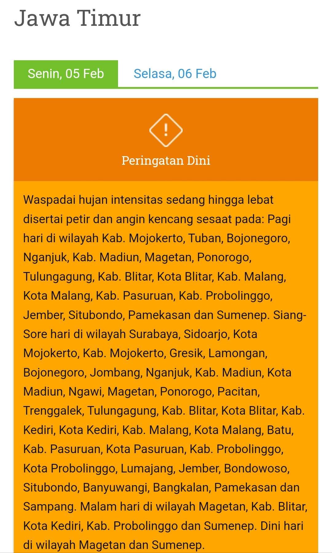 Peringatan dini BMKG terkait cuaca ekstrem di sejumlah wilayah Jawa Timur, Senin 5 Februari 2024. (Foto: BMKG)