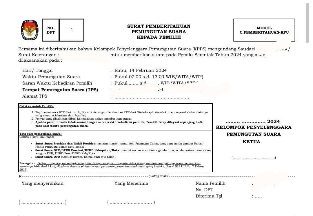 Surat pemberitahuan atau formulir model C6, yang wajib dibawa ke Tempat Pemungutan Suara (TPS) saat coblosan Pemilu 2024. (Foto: Kominfo)