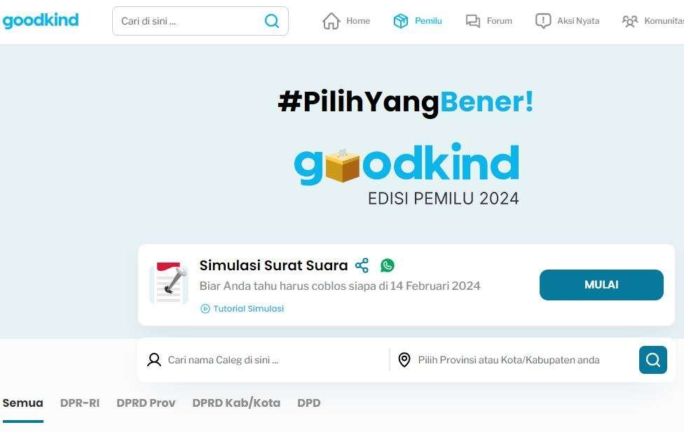 Laman Goodkind yang bisa dipakai untuk menelusuri rekam jejak para caleg. (Foto: Tangkapan layar)