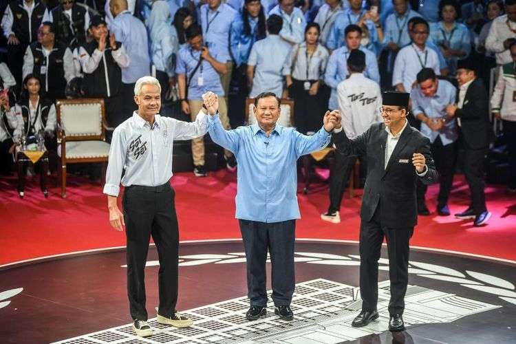 Tiga capres: Ganjar Pranowo (kiri), Prabowo Subianto, dan Anies Baswedan. (Foto: KPU)