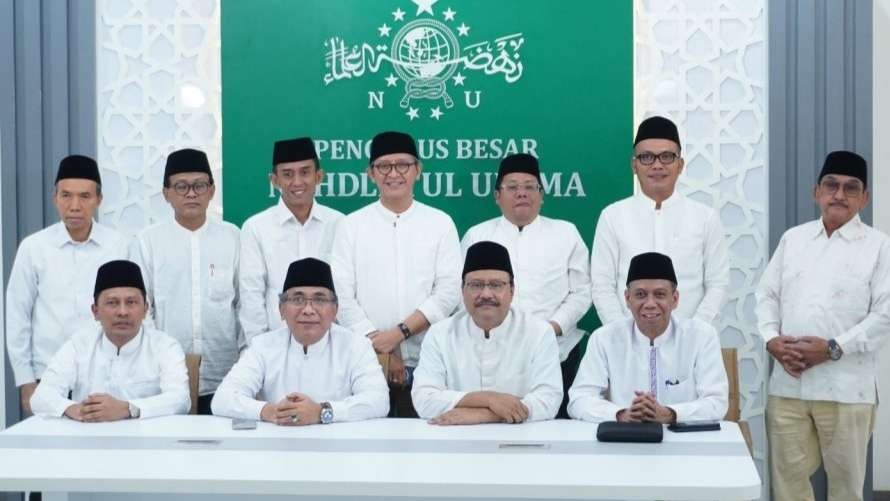 Ketua Umum Pengurus Besar Nahdlatul Ulama (PBNU) KH Yahya Cholil Staquf atau Gus Yahya dalam jumpa pers di kantor PBNU, Jakarta, Jumat (17 Februari 2024). (Foto: ltn-pbnu for ngopibareng.id)